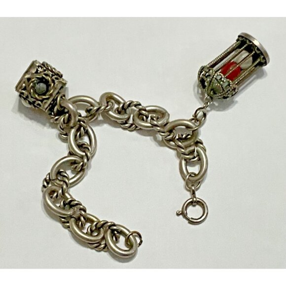 Vintage Etruscan Revival 800 Silver Fob Charm Bracelet Gypsy 2 Charms Cage - Picture 1 of 6
